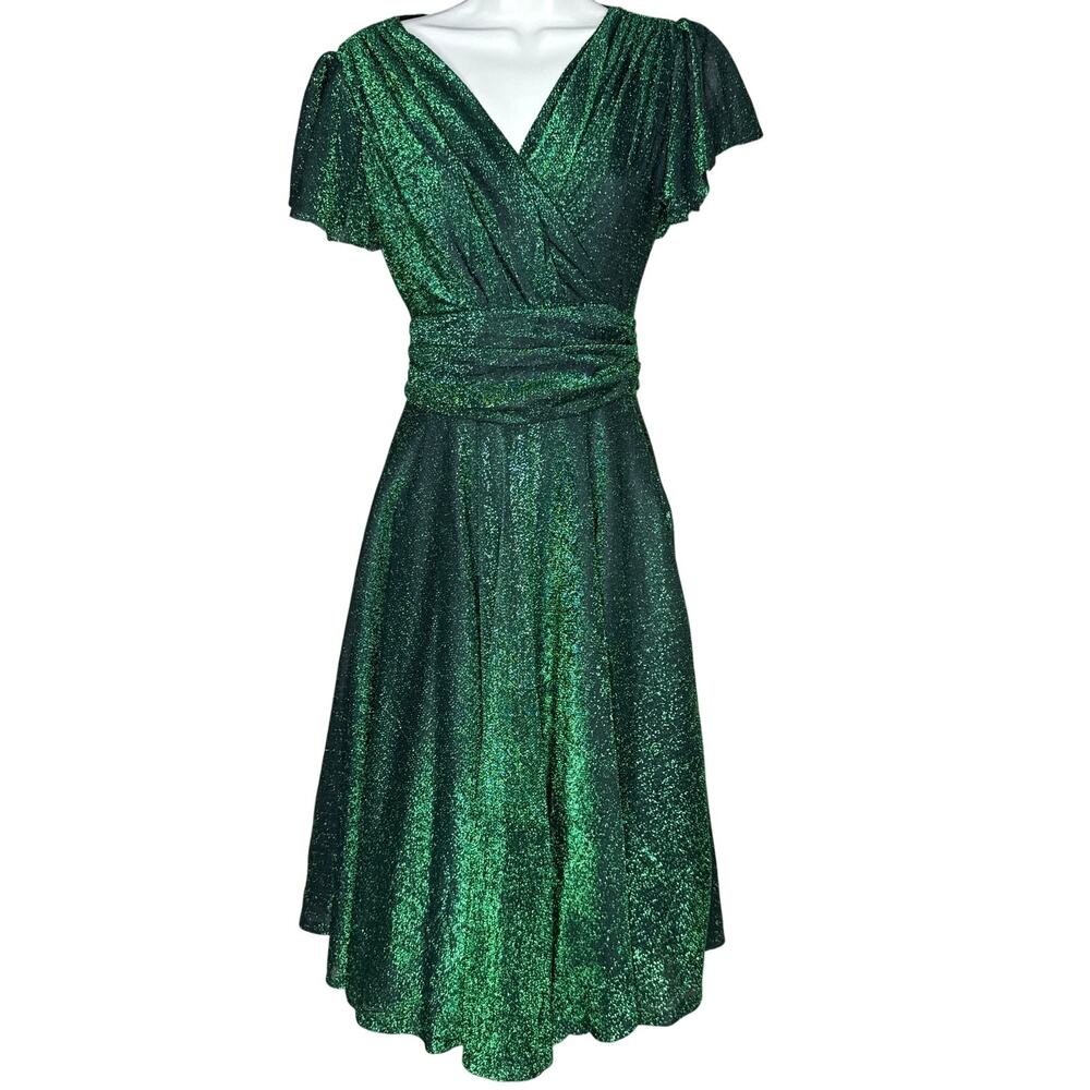 Magnolia Place Unique Vintage Green Sparkle Flutter Sleeve Dress XS NWOT